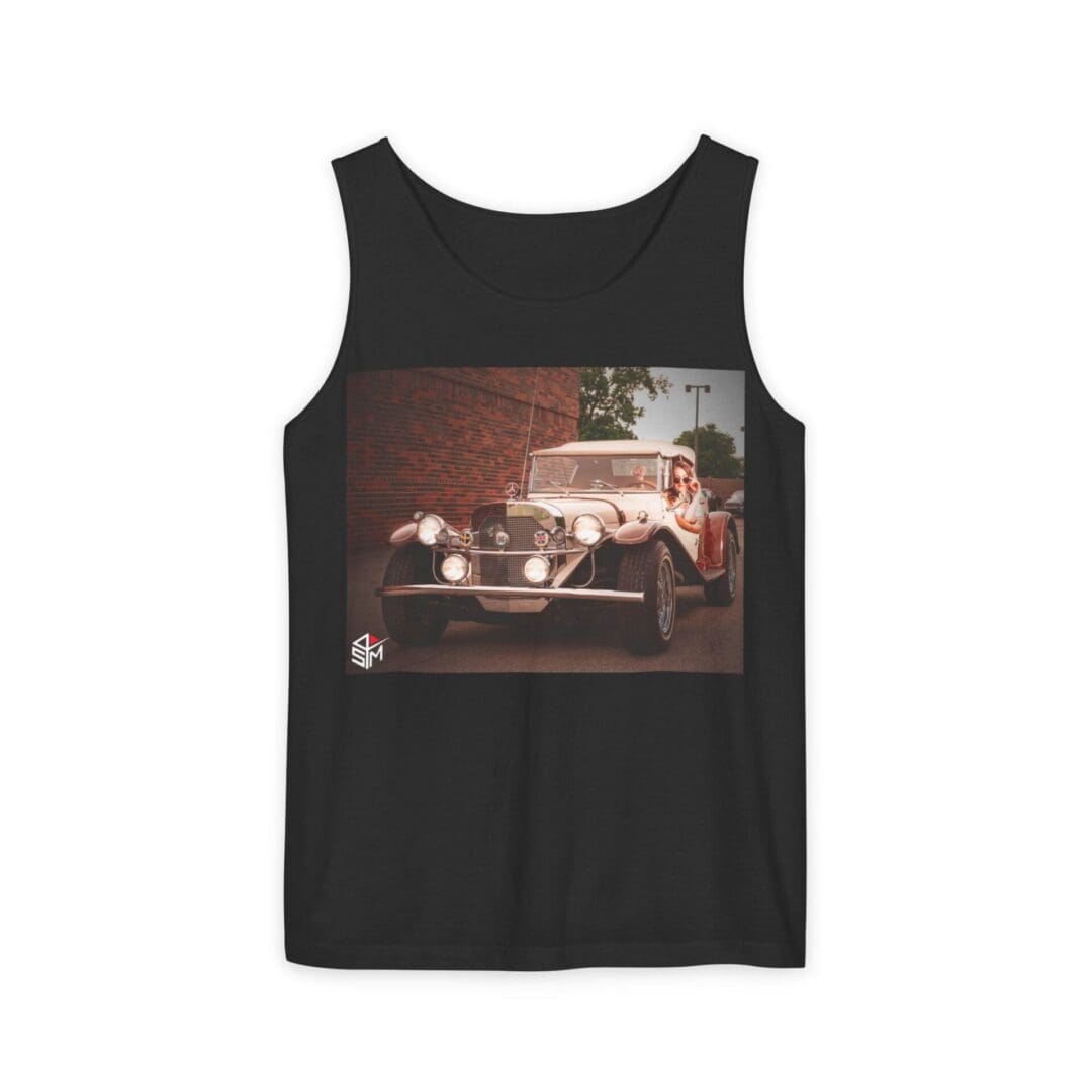 Black tank top featuring a vintage car photo print.