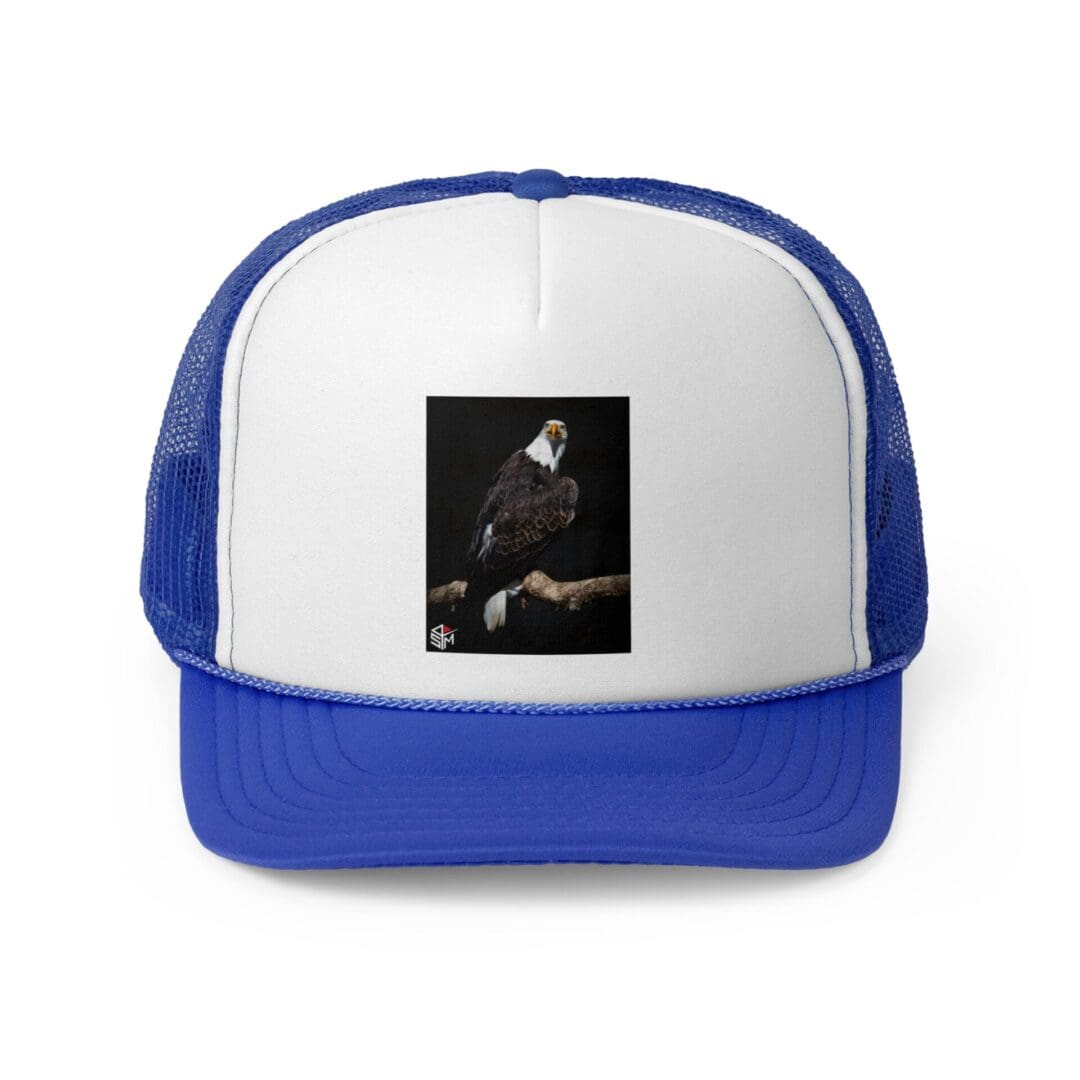 Blue and white trucker hat with a dark graphic patch on the front.