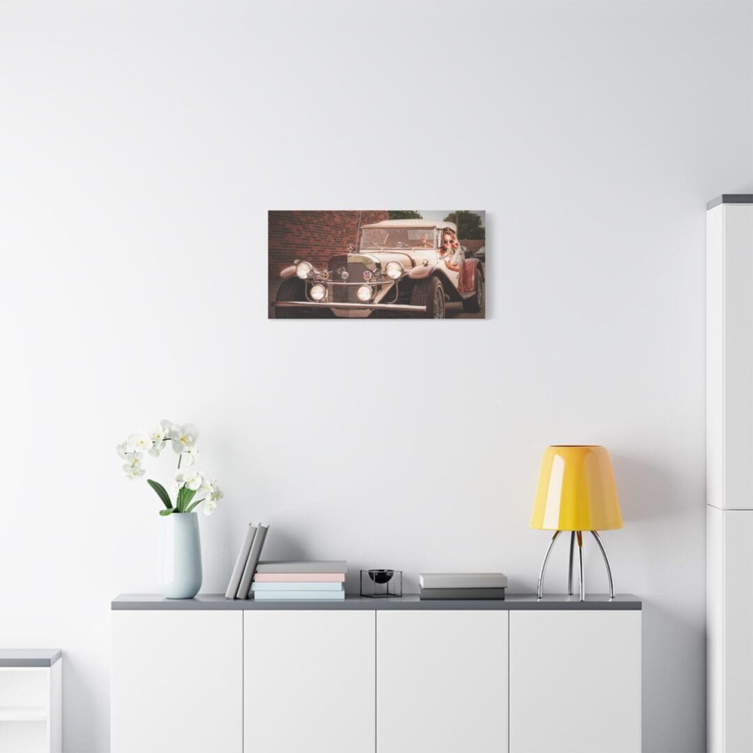 Modern living room with minimalist decor and a cityscape canvas on the wall.