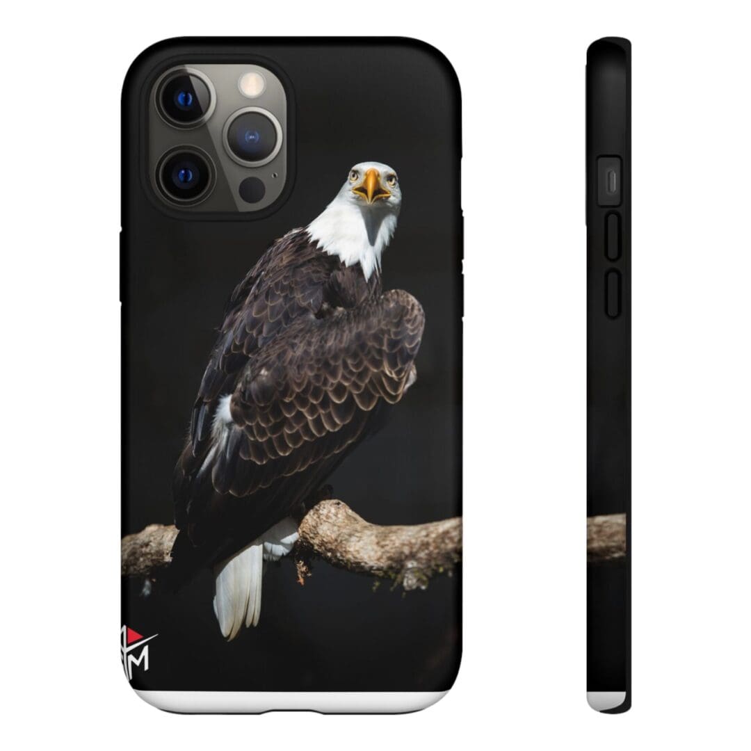 Phone case with a detailed bald eagle perched on a branch design.