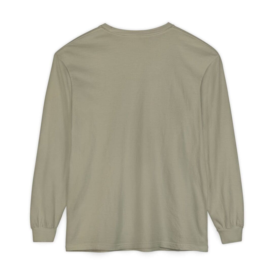Back view of a plain olive green long-sleeve shirt.