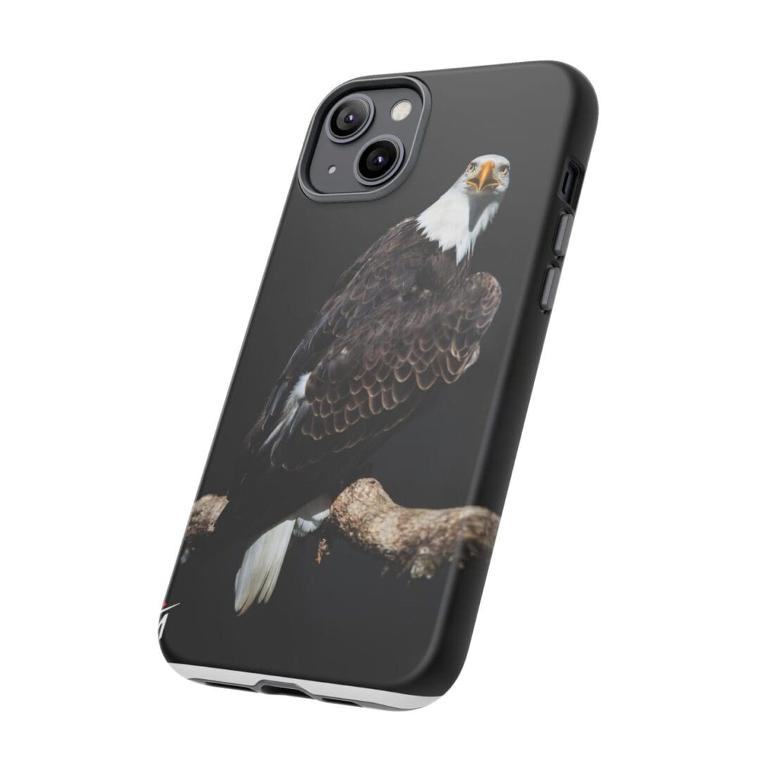 Black phone case with a detailed bald eagle illustration.