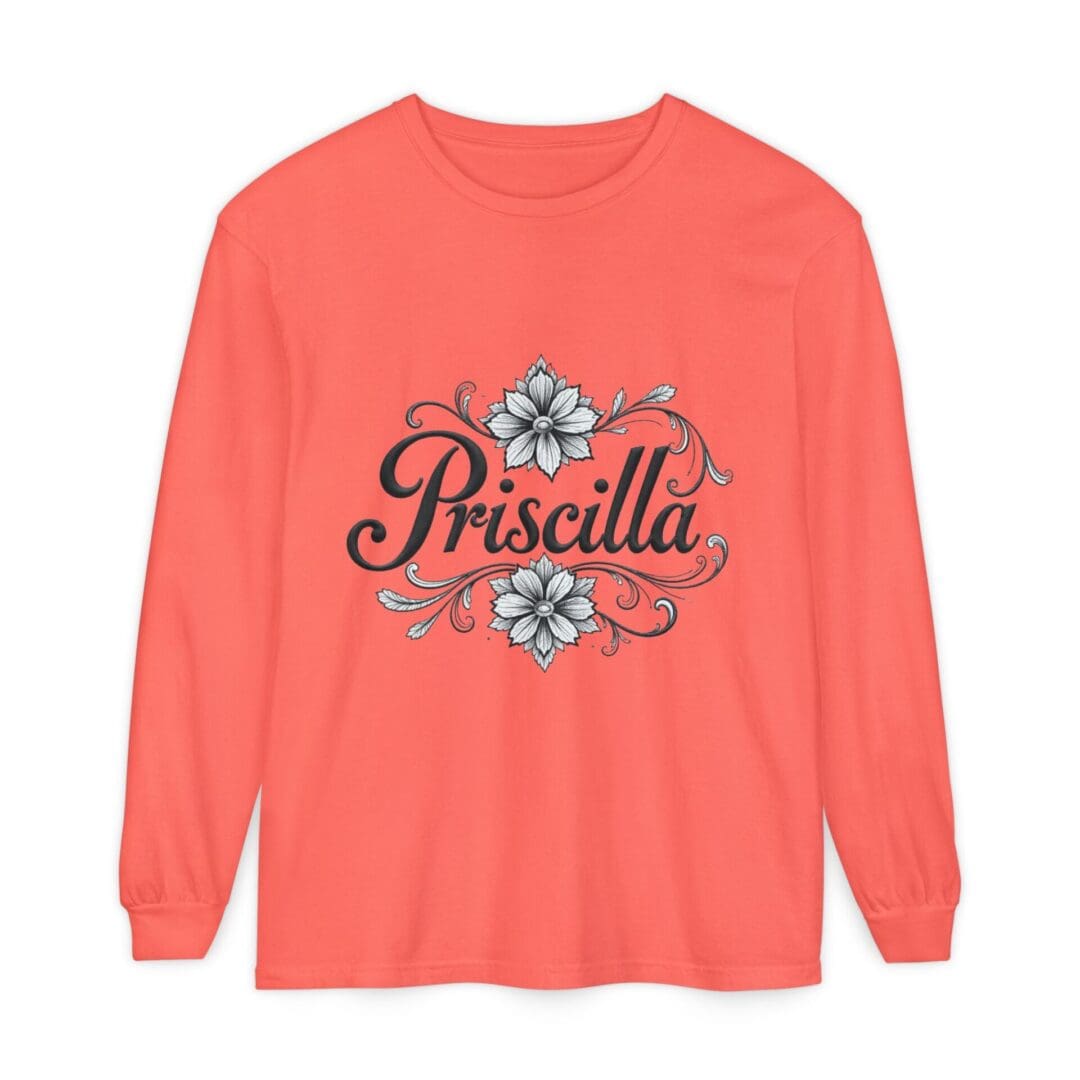 Coral long-sleeve shirt with floral design and the name Priscilla.