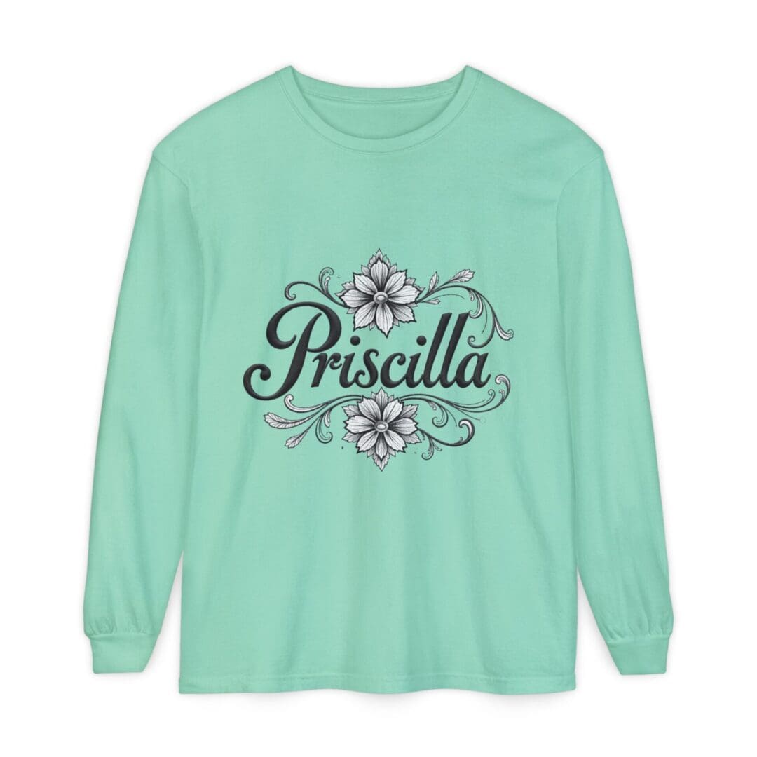Light green long-sleeve shirt with "Priscilla" and floral design.