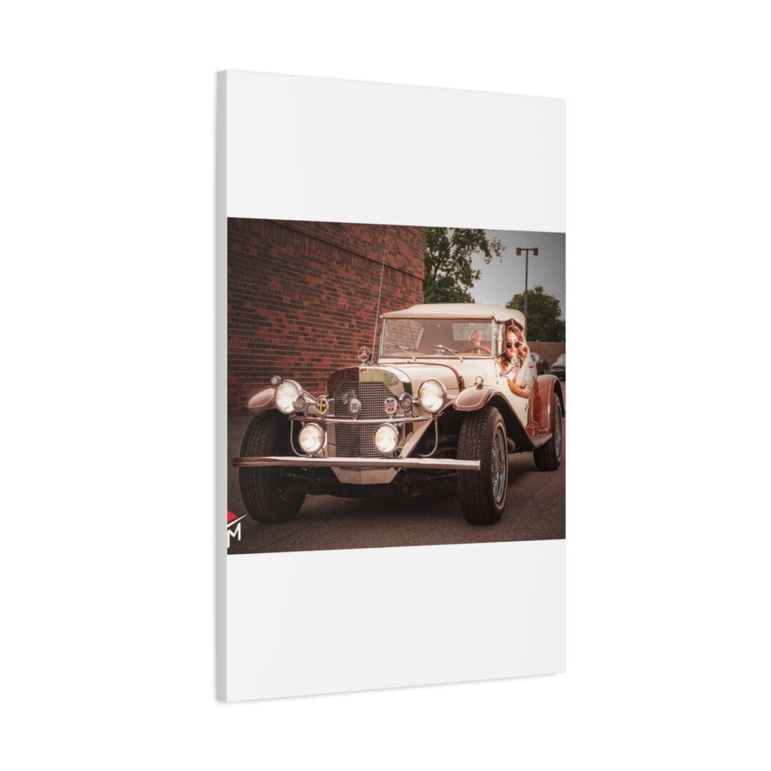 Vintage car parked beside a brick wall with greenery.