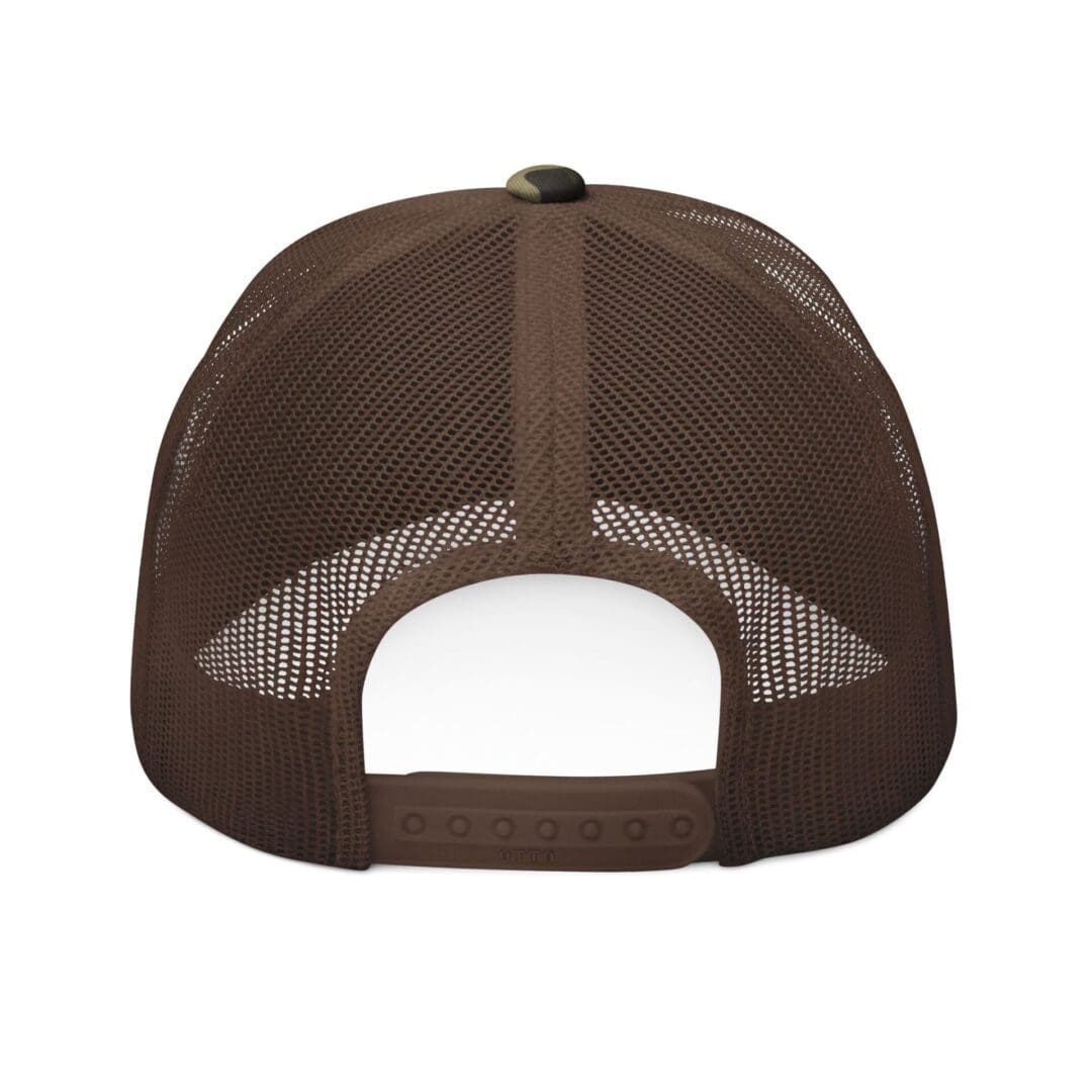 Rear view of a brown mesh trucker cap with an adjustable strap.
