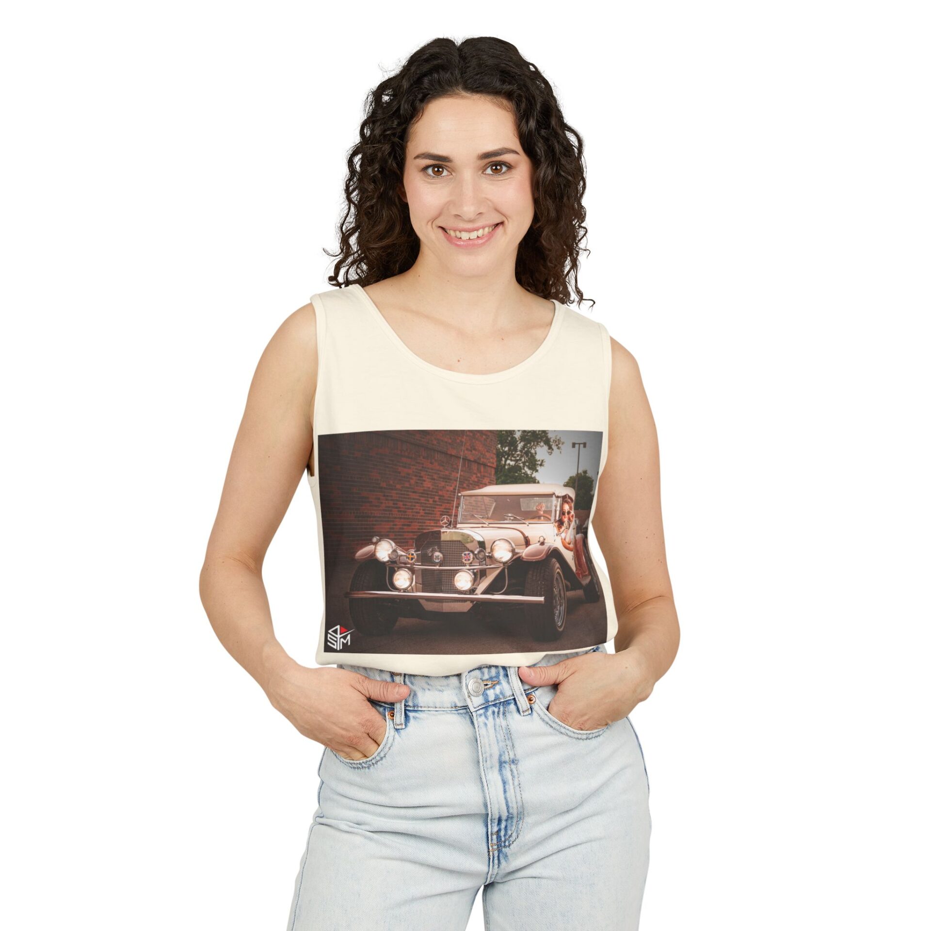 Young woman holding a vintage car photo print on a tank top.