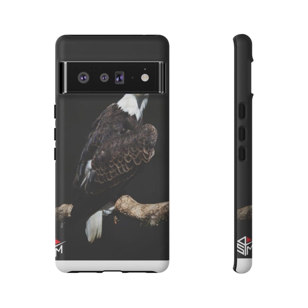 Smartphone case with an eagle perched on a hand design.