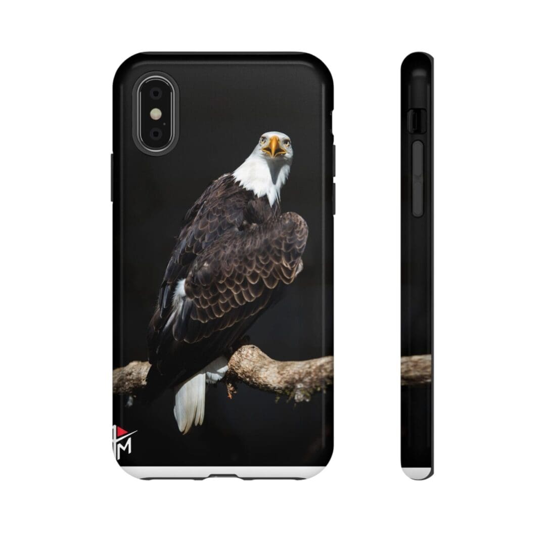 Phone case with a detailed eagle illustration on black background.