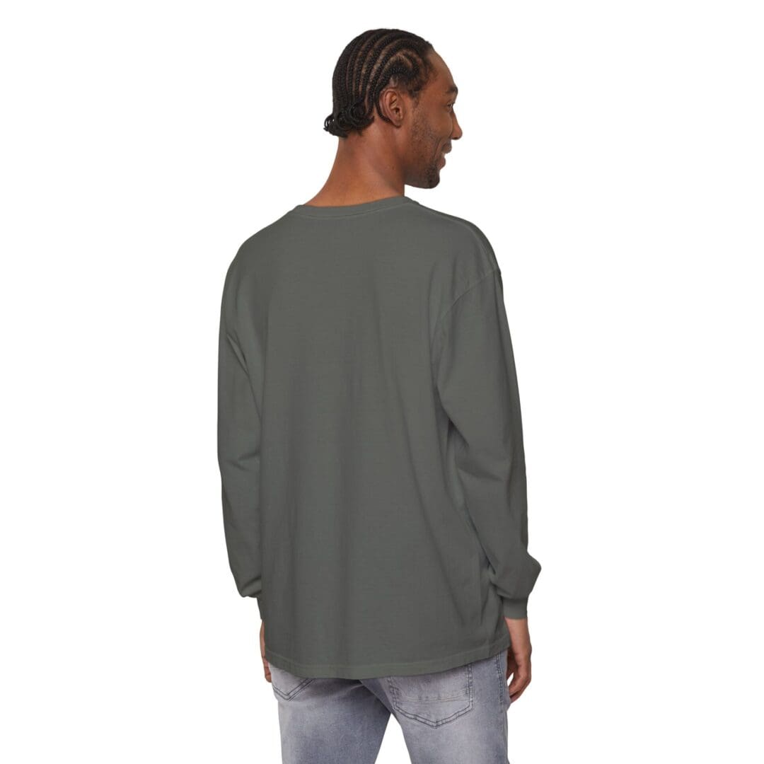 Man wearing a long-sleeve gray shirt, viewed from behind.