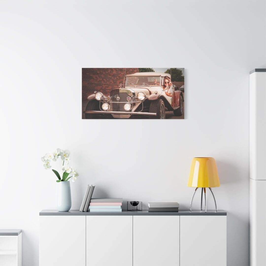 Modern living room with minimalist decor and cityscape artwork.