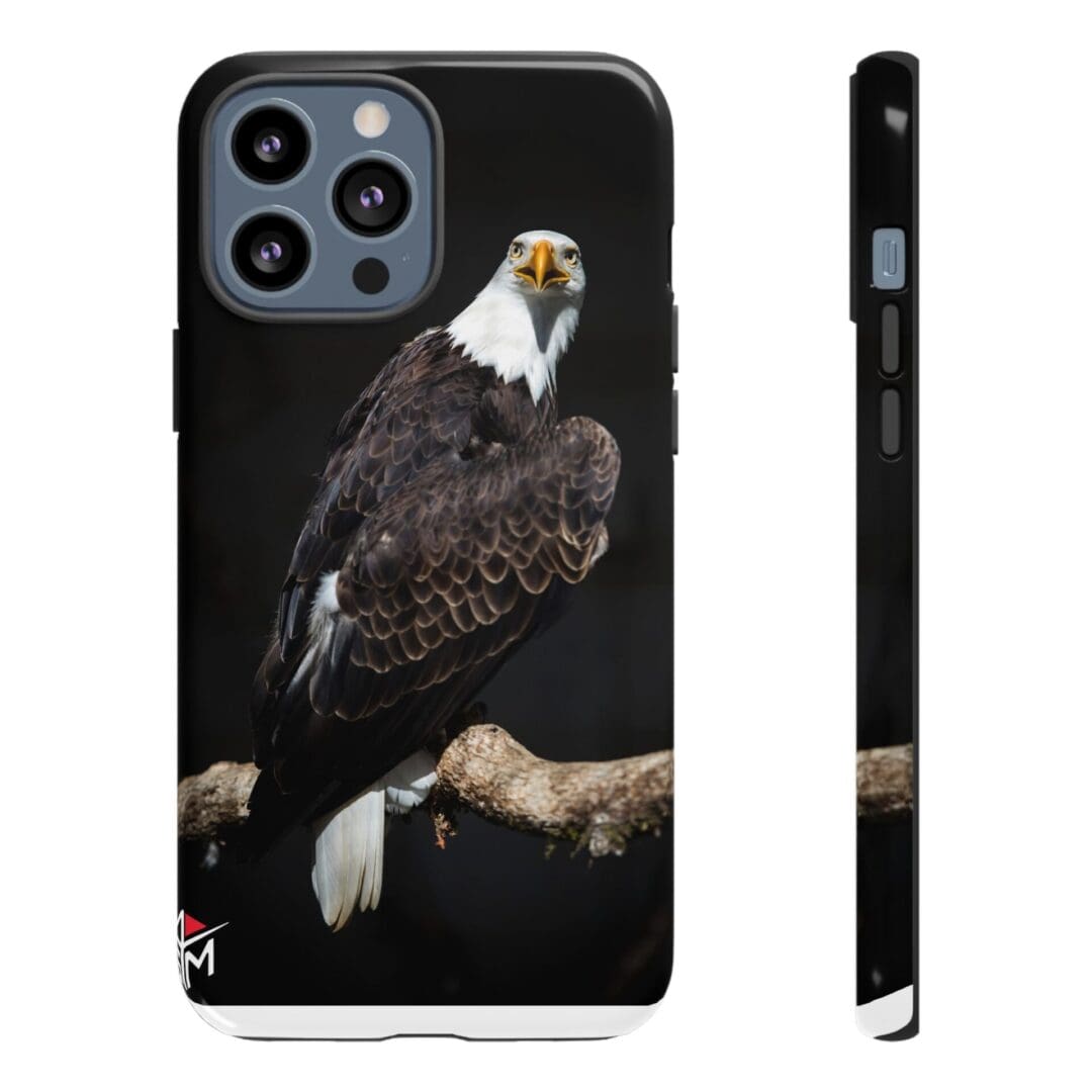Phone case featuring a detailed bald eagle perched on a branch.