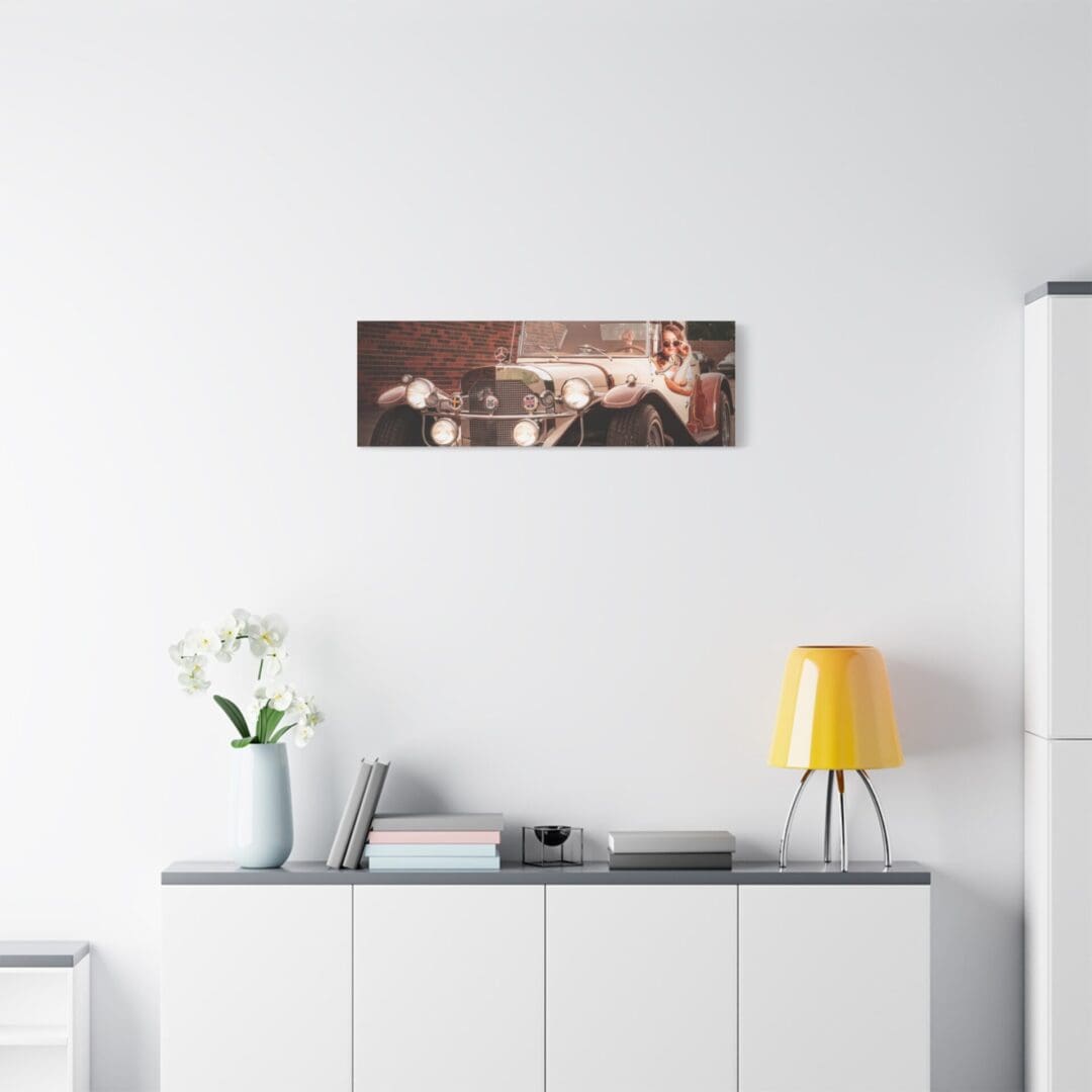 Modern living room with a panoramic cityscape photo on the wall.