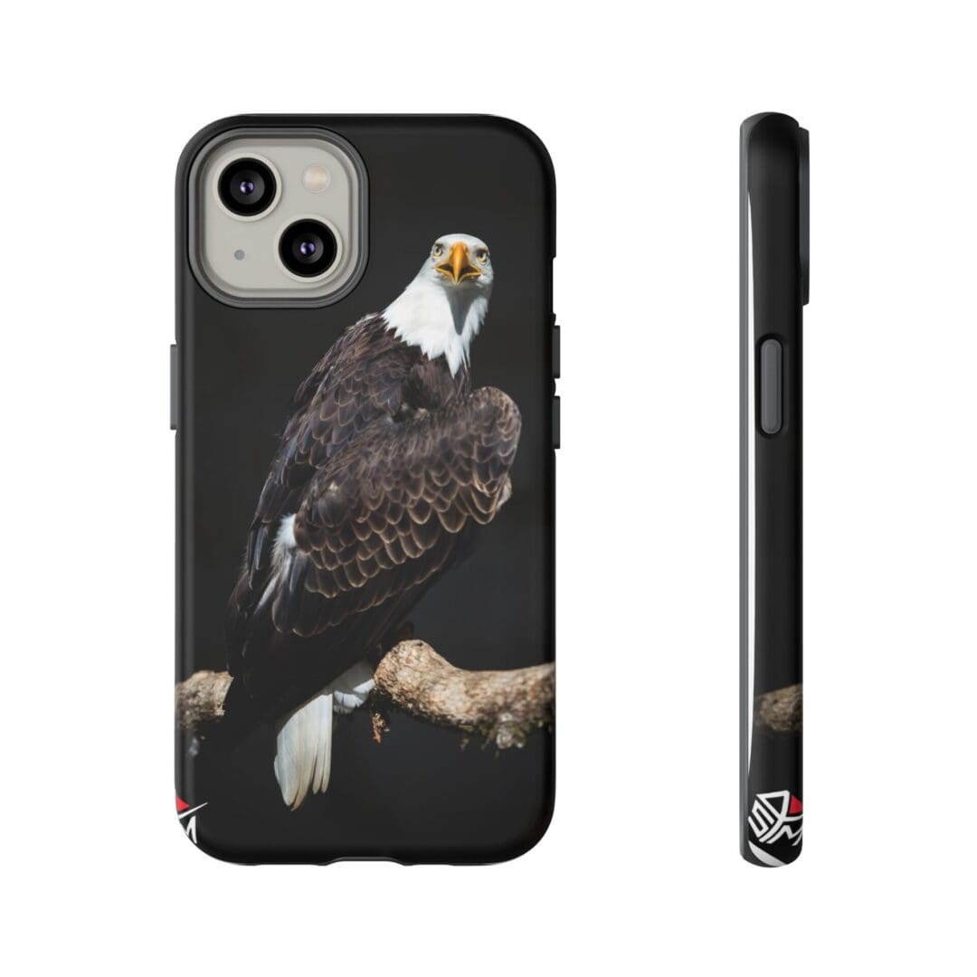 Smartphone case with a detailed bald eagle design perched on a branch.