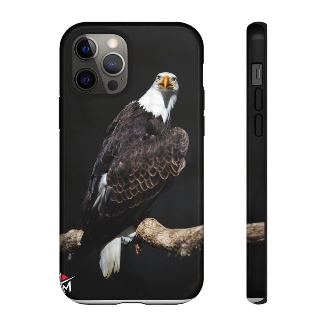 Phone case featuring a detailed bald eagle perched on a branch.
