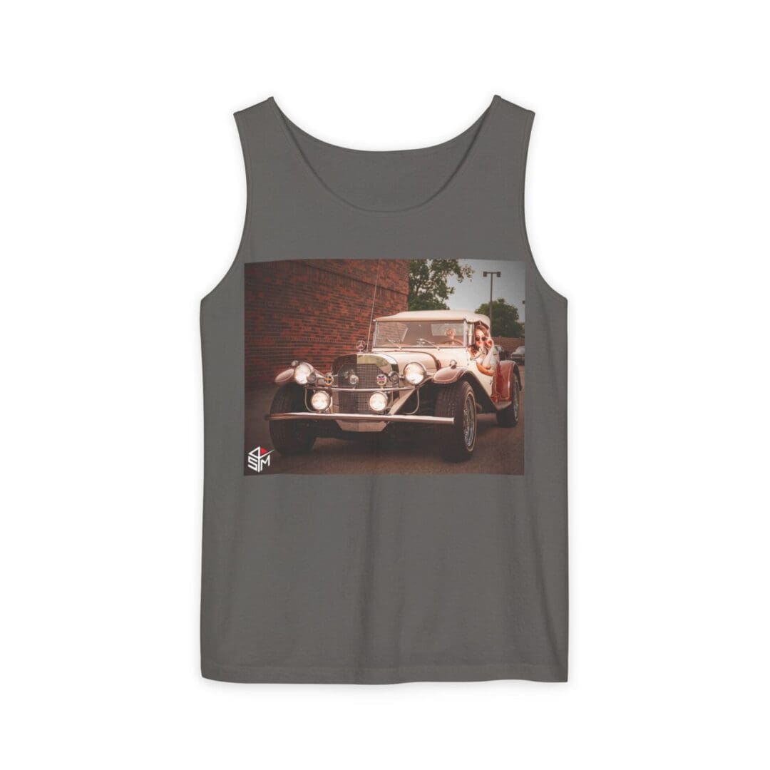 Gray tank top featuring a vintage truck print.