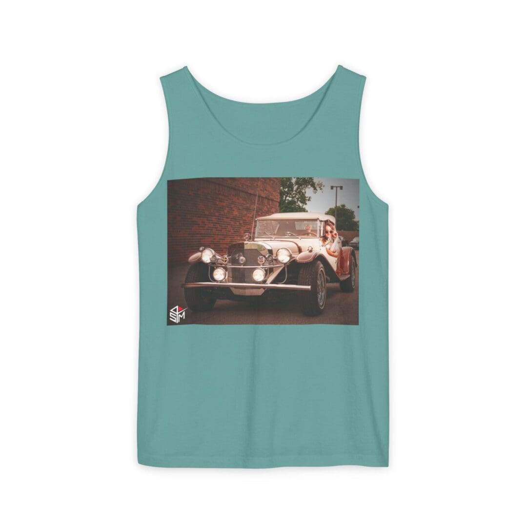 Teal tank top with vintage car print on the chest.
