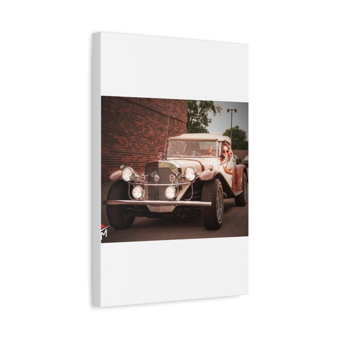 A vintage car parked in front of a brick wall with greenery nearby.