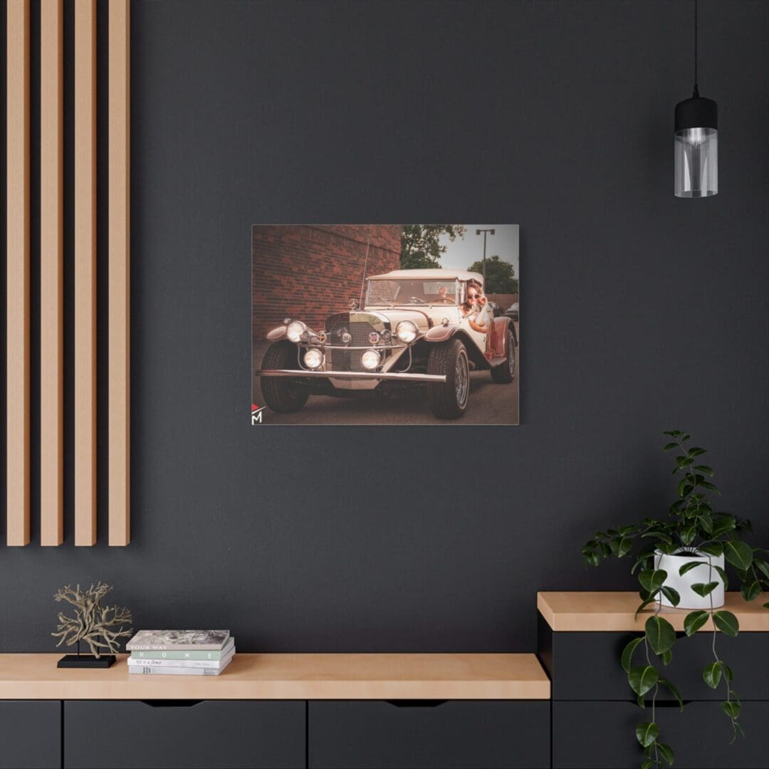 Modern office corner with a dark wall, wooden desk, and stylish decor.