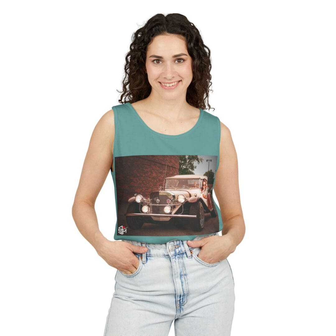 Woman wearing a sleeveless top with a car and city lights print.