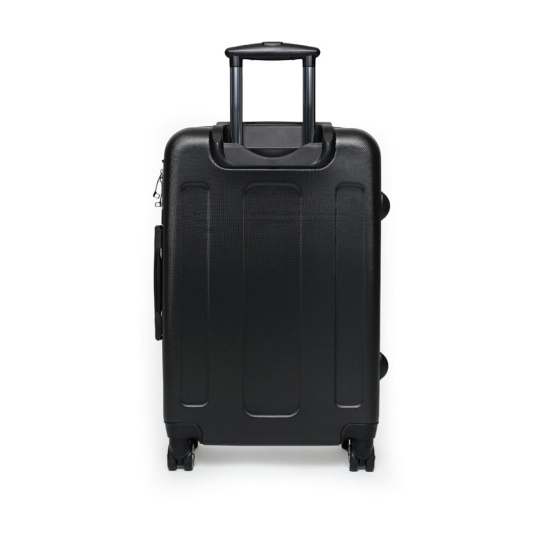 Black hard-shell suitcase with a retractable handle and four wheels.