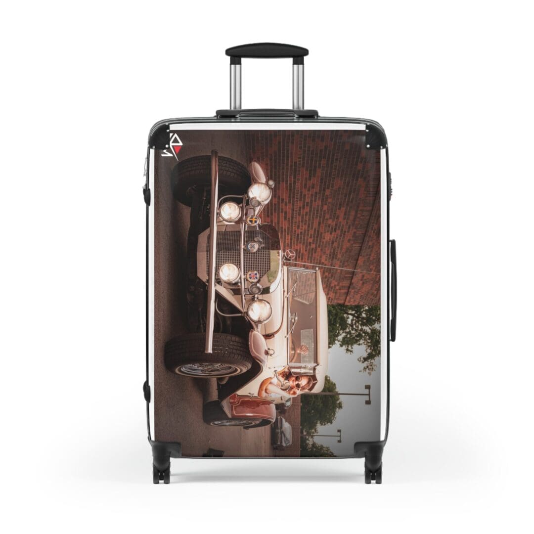 Suitcase with a vintage bar scene design featuring a bartender and drinks.